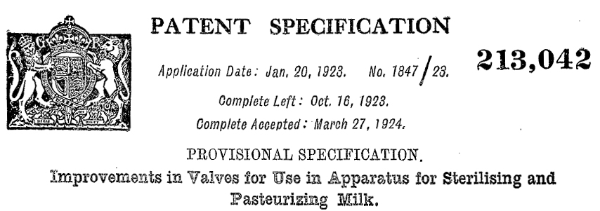 1923 - GB213042A - Improvements in valves for use in apparatus for sterilising and pasteurizing milk